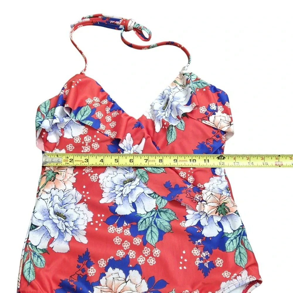 Clean Water Red Floral One Piece Swimsuit S‎ Ruffle Halter Resort Tropical Beach